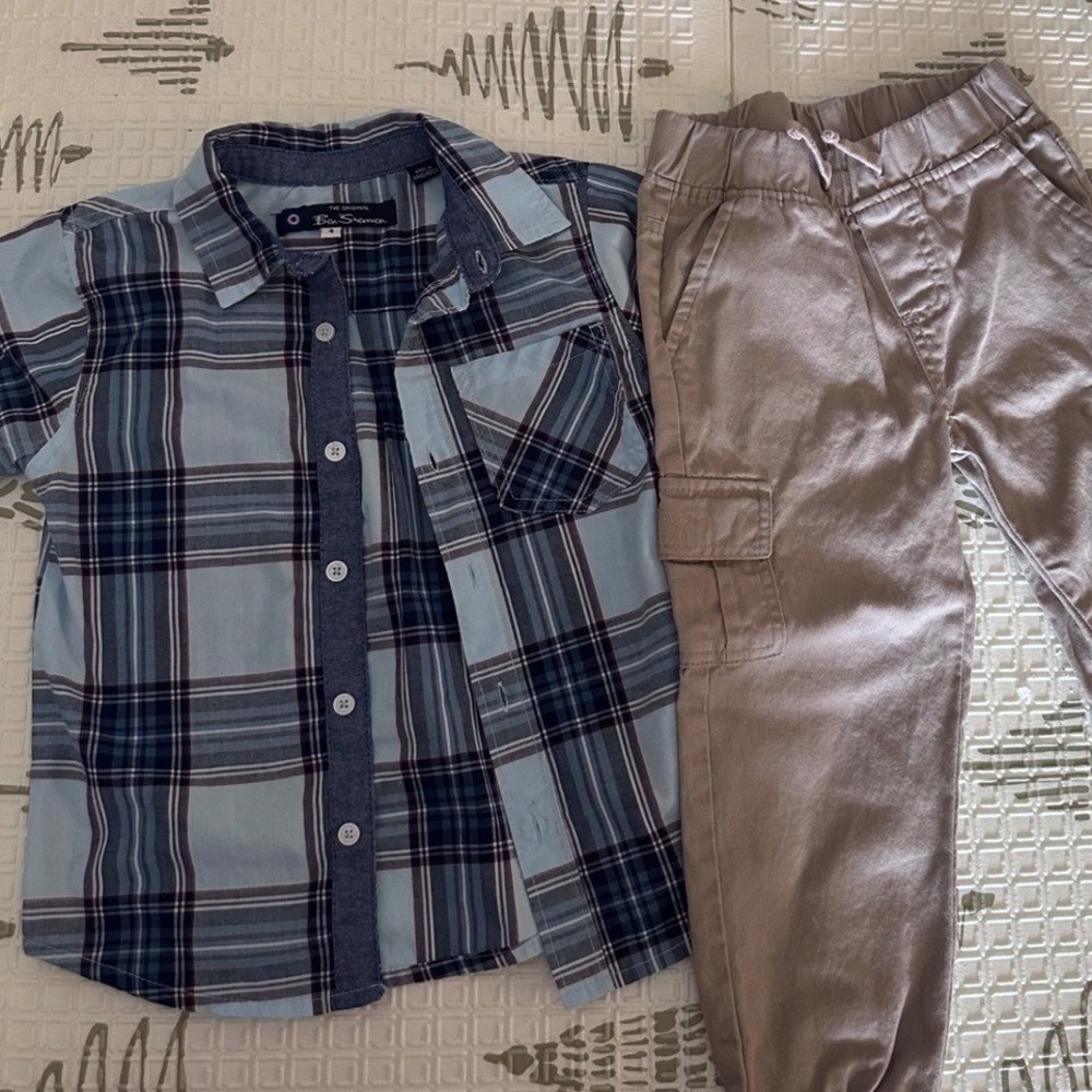 Ben Sherman Boys 2 Piece Set Plaid Button Down Shirt and Cargo Jogger Pants 4T